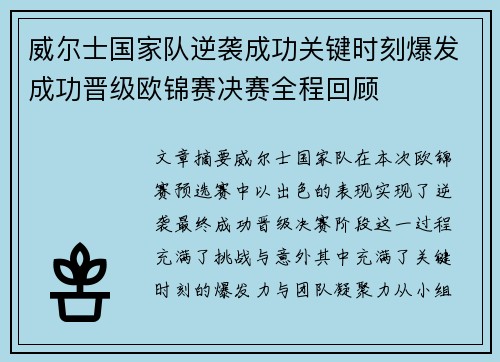 威尔士国家队逆袭成功关键时刻爆发成功晋级欧锦赛决赛全程回顾