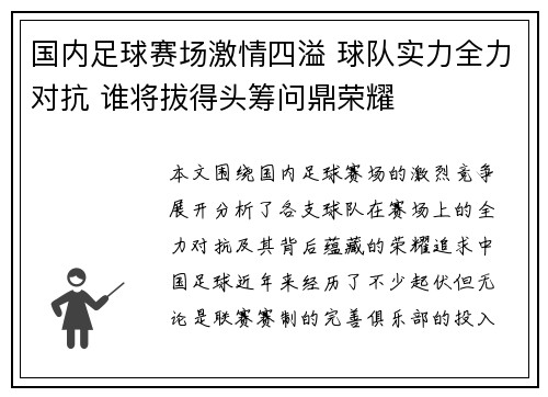 国内足球赛场激情四溢 球队实力全力对抗 谁将拔得头筹问鼎荣耀