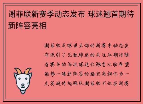 谢菲联新赛季动态发布 球迷翘首期待新阵容亮相